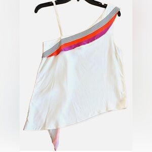 Ramy Brook One Shoulder Top Ivory Asymmetrical Stripe Trim Sleeveless Blouse XS